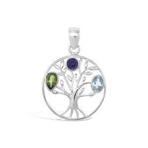 925 Sterling Silver Multi Stone Tree of Life Pendant